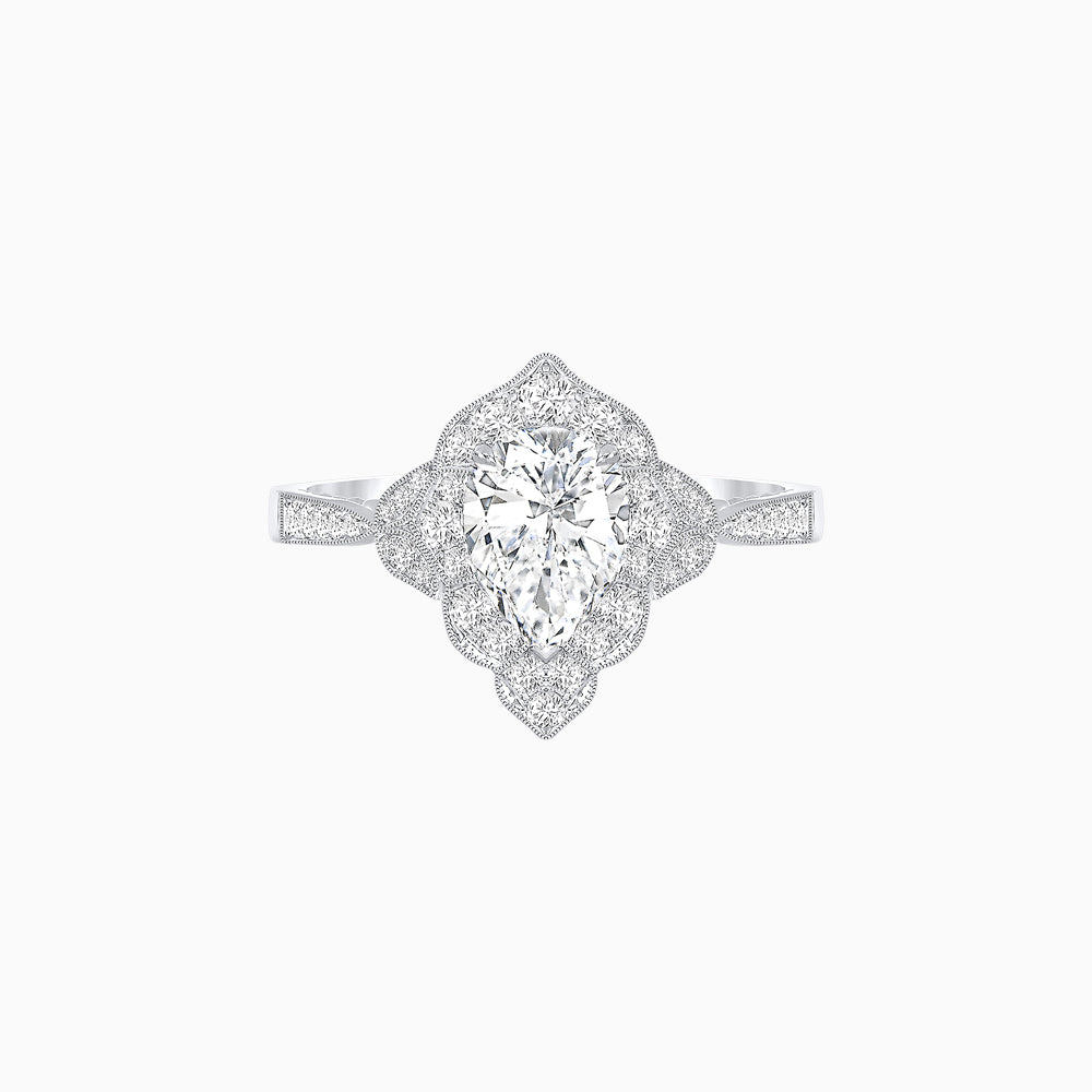 Vintage Inspired Pear Cut Floral Halo Ring with Milgrain