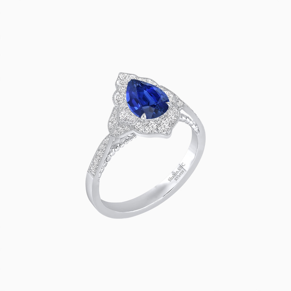 Vintage Inspired Pear Cut Floral Halo Ring with Milgrain