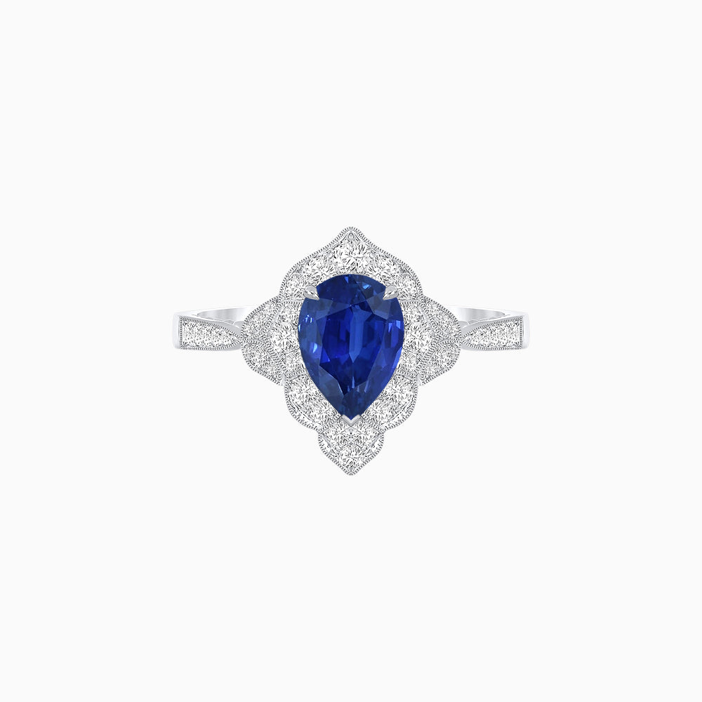 Vintage Inspired Pear Cut Floral Halo Ring with Milgrain