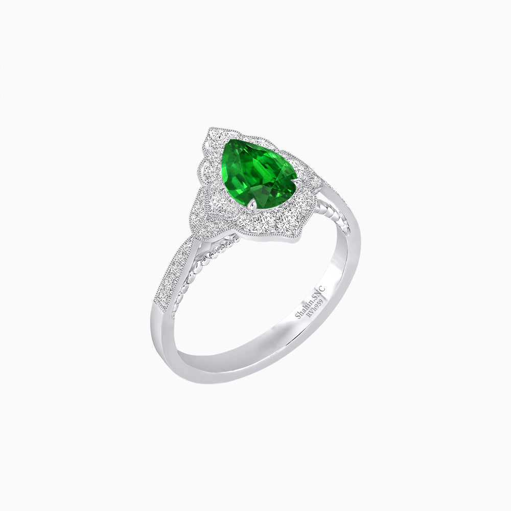 Vintage Inspired Pear Cut Floral Halo Ring with Milgrain