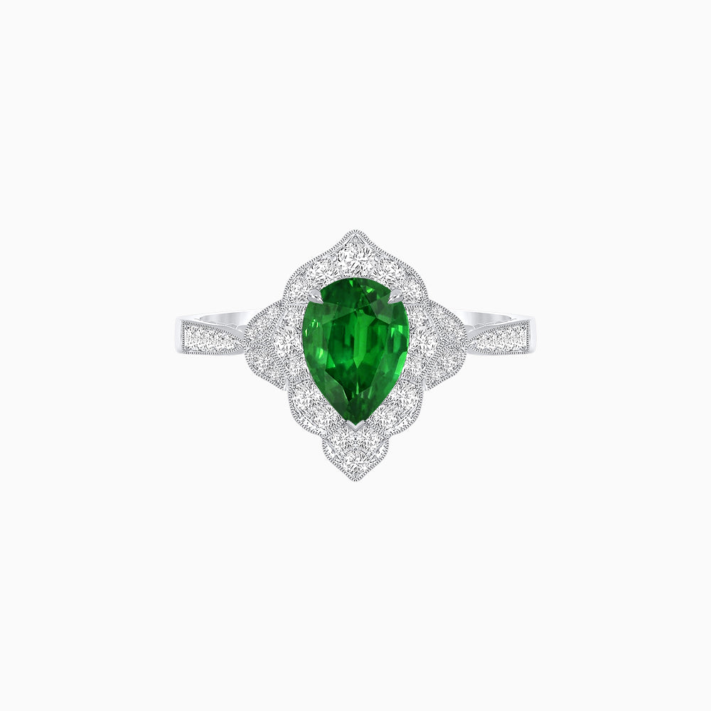Vintage Inspired Pear Cut Floral Halo Ring with Milgrain