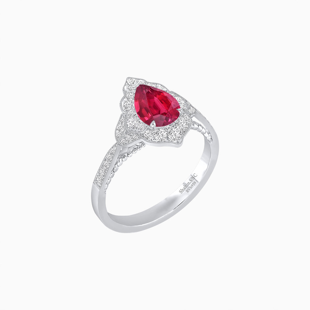 Vintage Inspired Pear Cut Floral Halo Ring with Milgrain