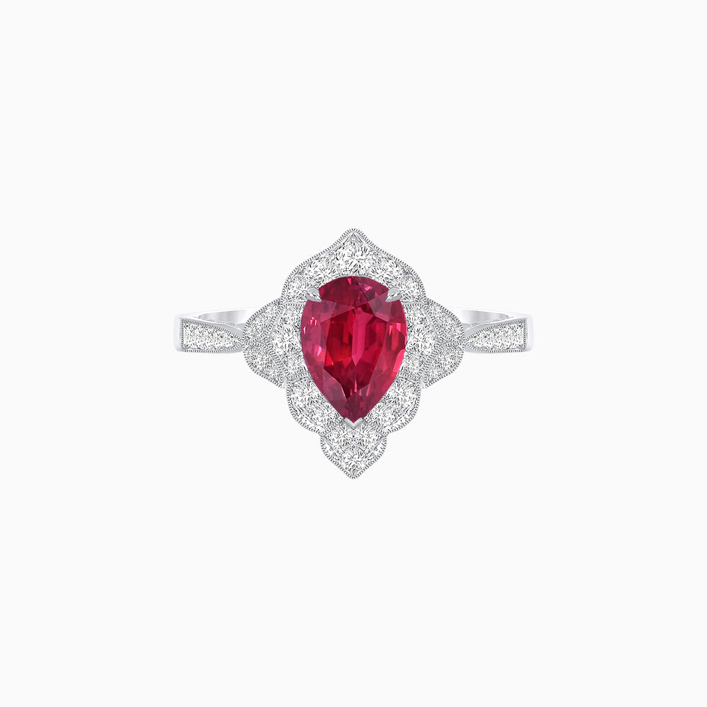 Vintage Inspired Pear Cut Floral Halo Ring with Milgrain