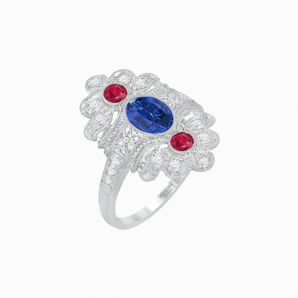 Vintage Inspired Oval Three-Stone Floral Filigree Statement Ring