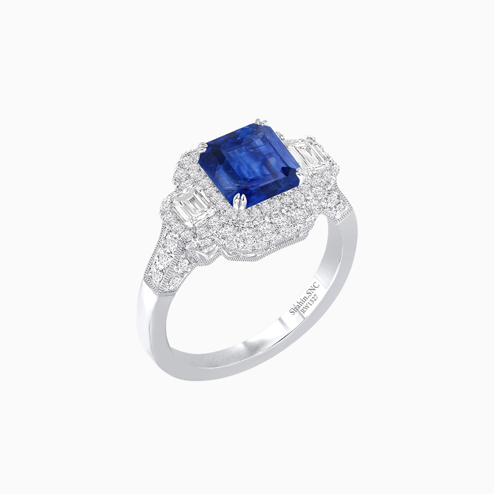 Art Deco Inspired Emerald Cut Halo Ring with Baguette Diamonds