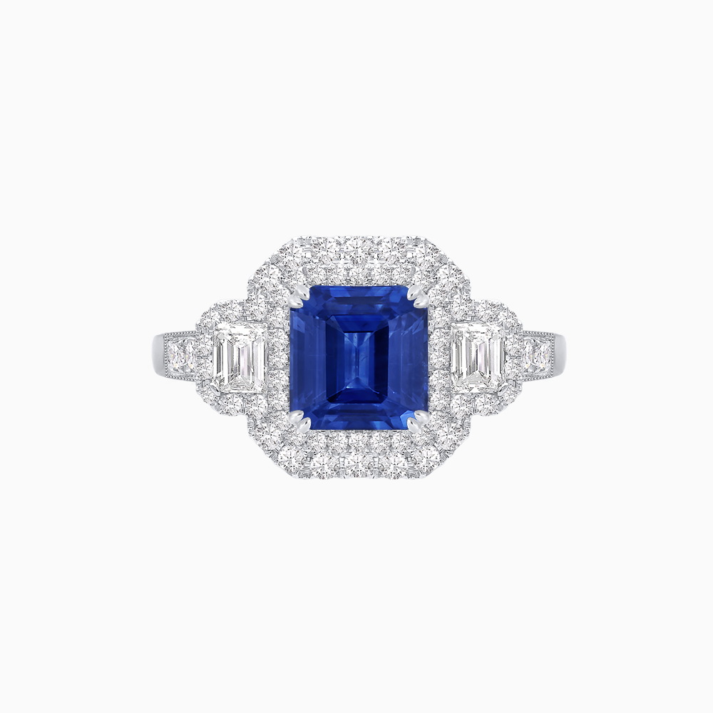 Art Deco Inspired Emerald Cut Halo Ring with Baguette Diamonds