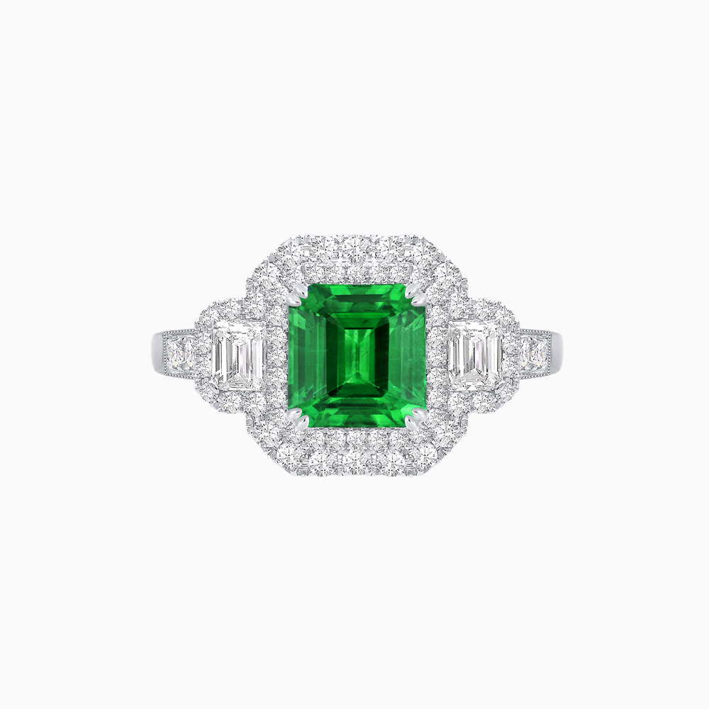 Art Deco Inspired Emerald Cut Halo Ring with Baguette Diamonds