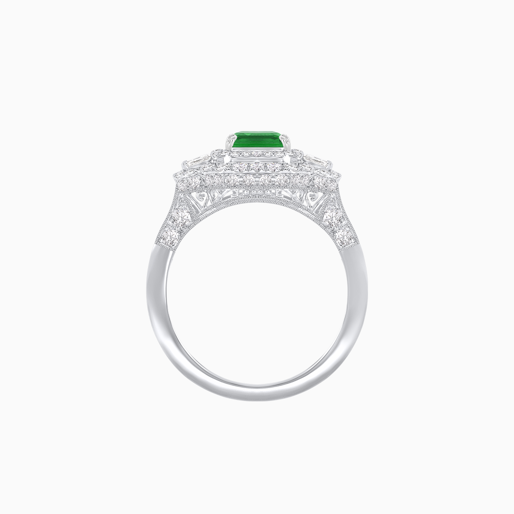 Art Deco Inspired Emerald Cut Halo Ring with Baguette Diamonds