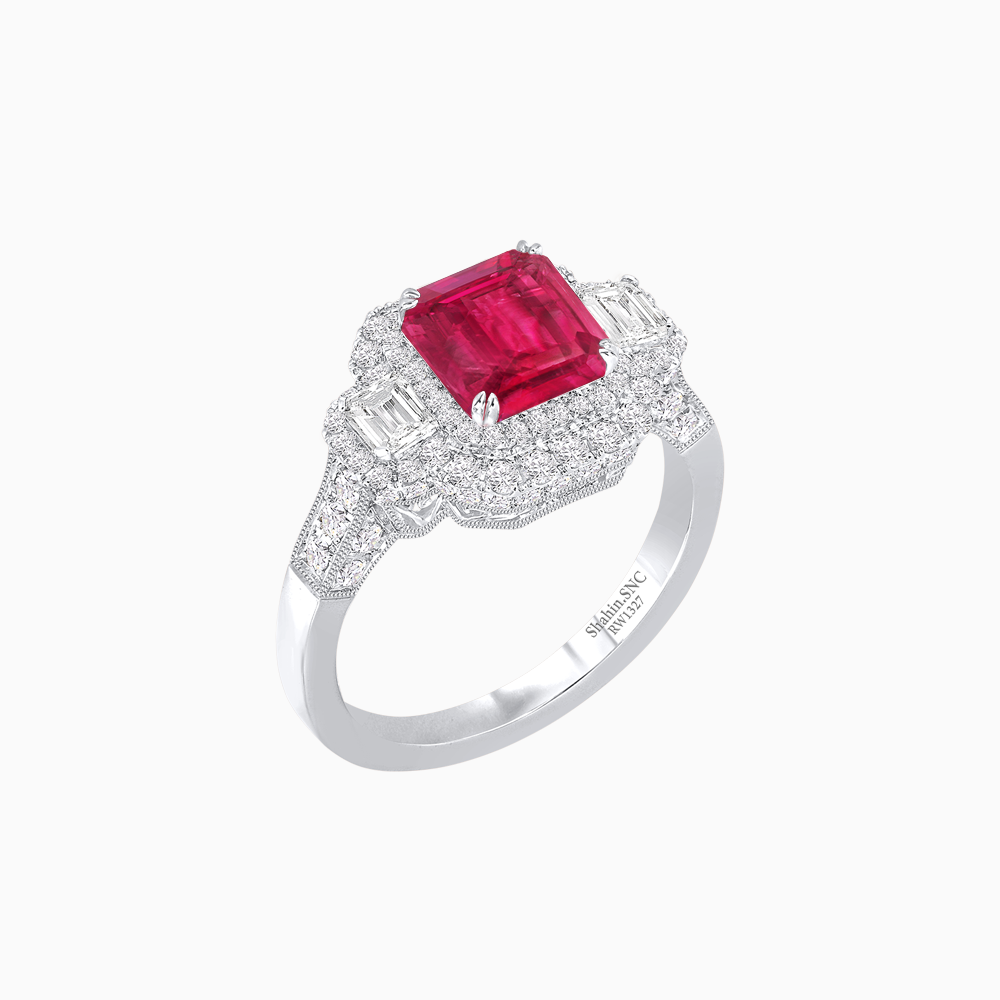 Art Deco Inspired Emerald Cut Halo Ring with Baguette Diamonds
