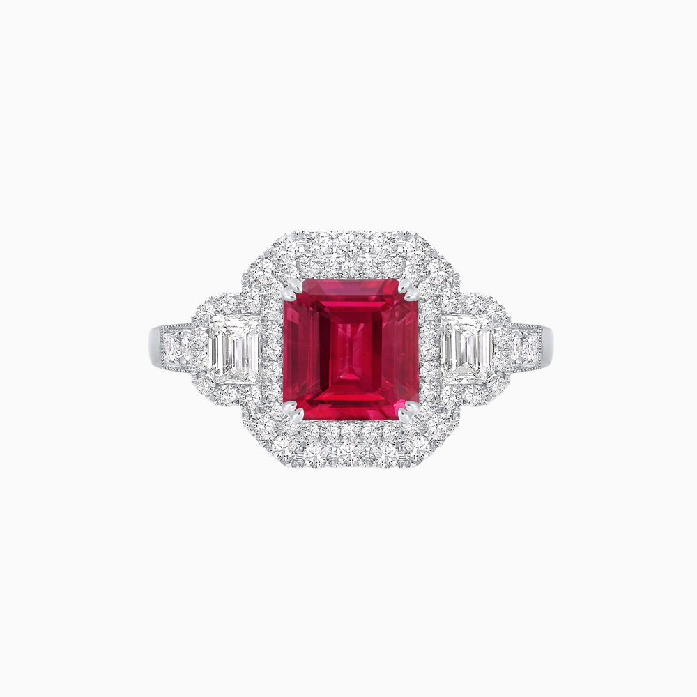 Art Deco Inspired Emerald Cut Halo Ring with Baguette Diamonds