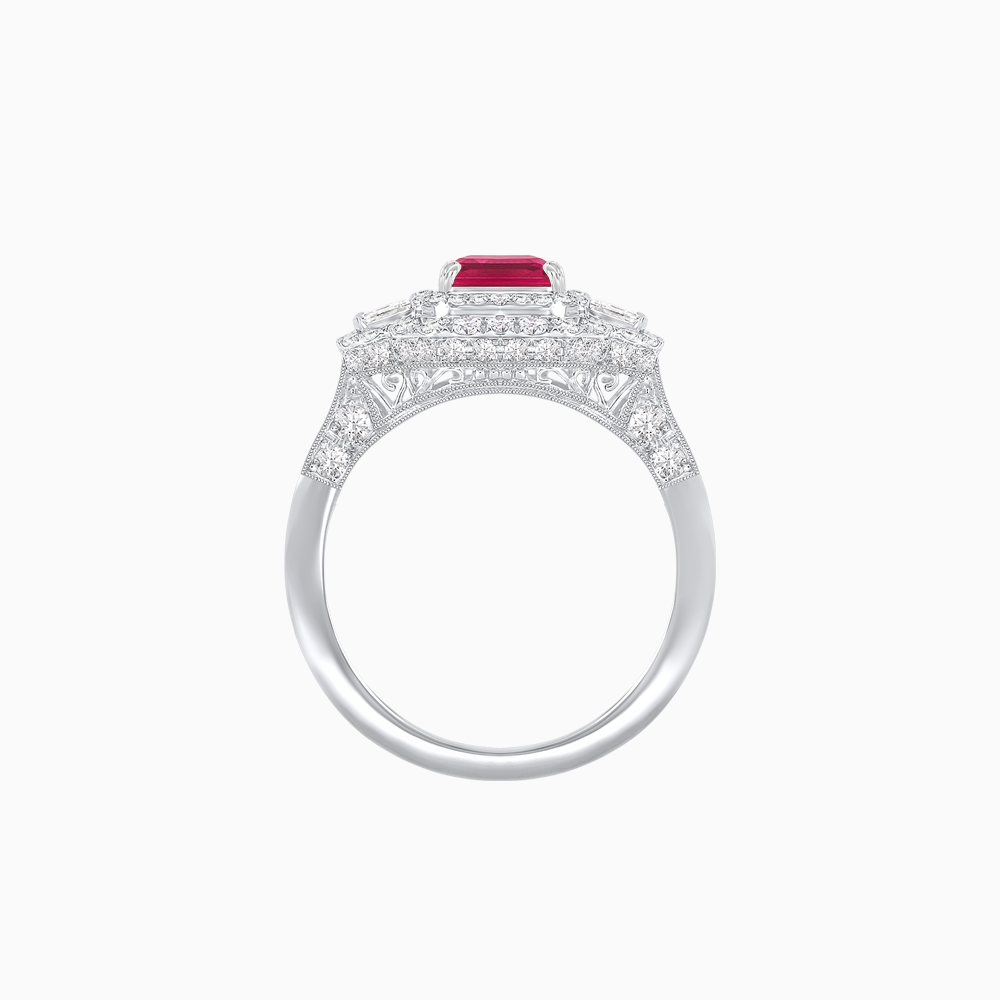 Art Deco Inspired Emerald Cut Halo Ring with Baguette Diamonds