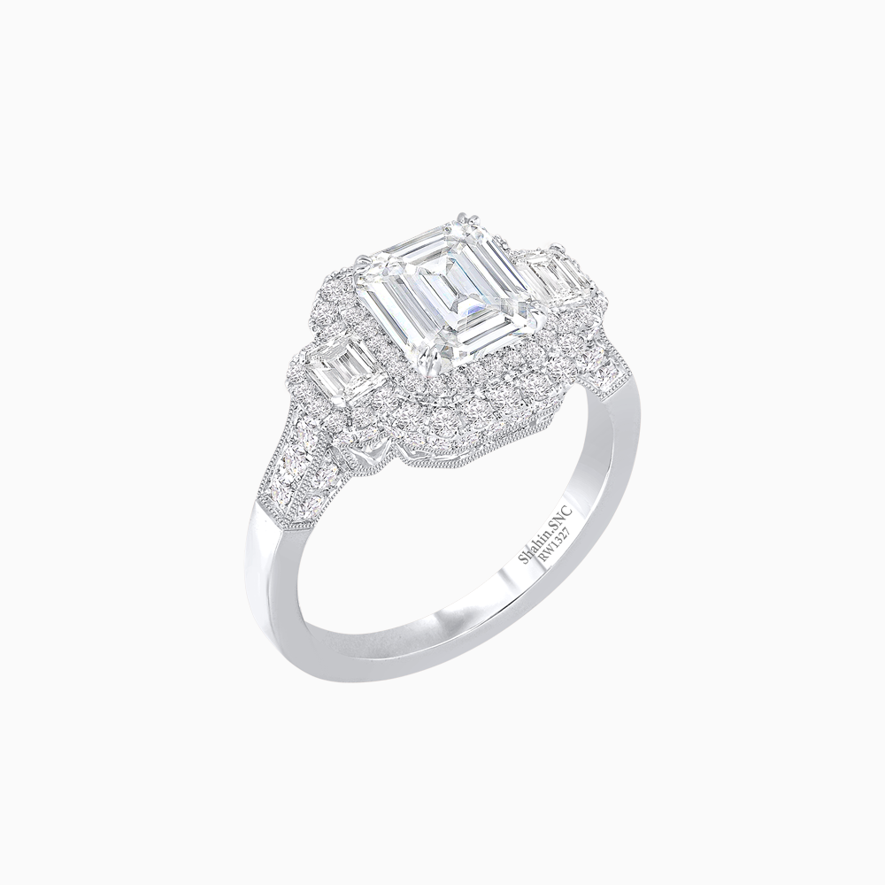 Art Deco Inspired Emerald Cut Halo Ring with Baguette Diamonds