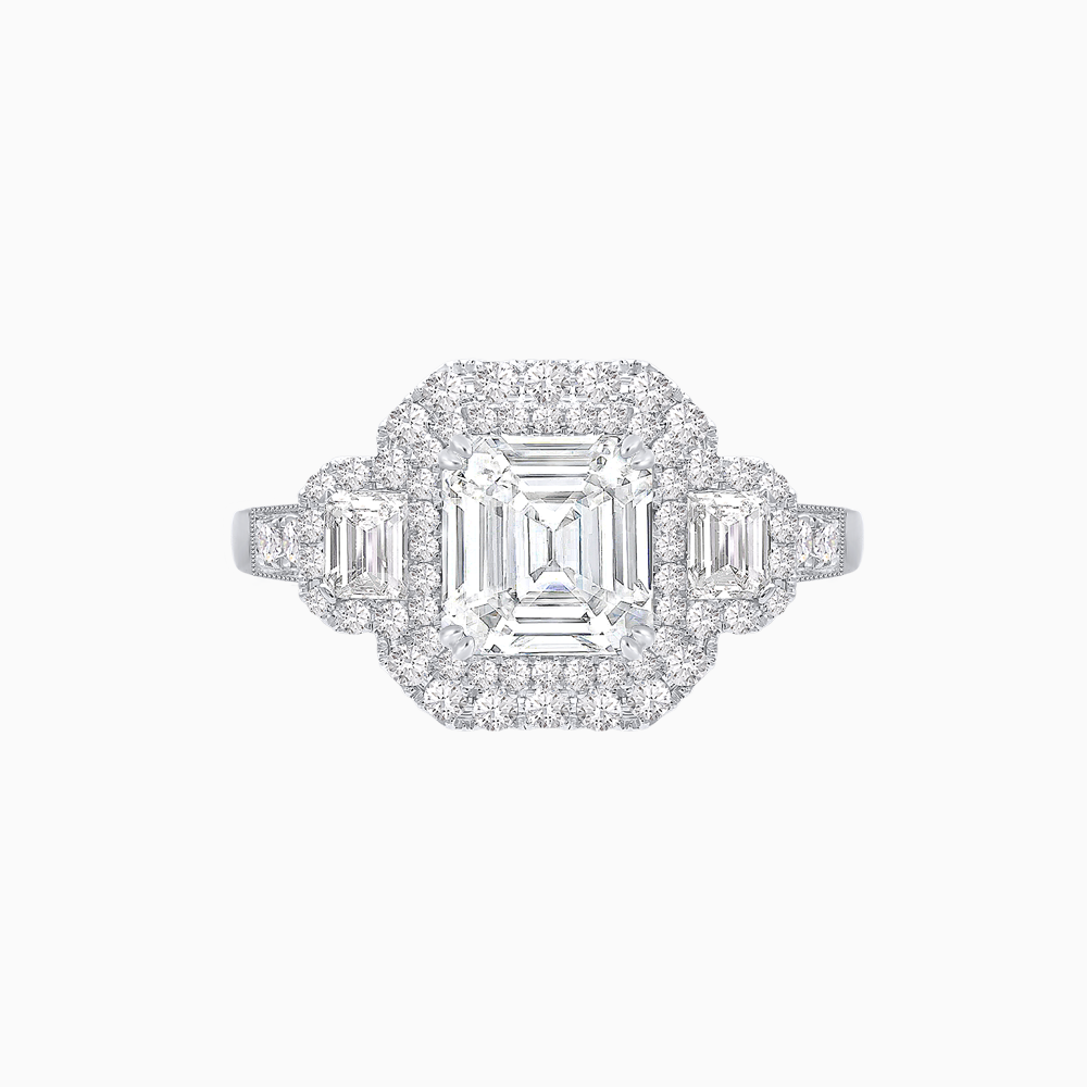 Art Deco Inspired Emerald Cut Halo Ring with Baguette Diamonds
