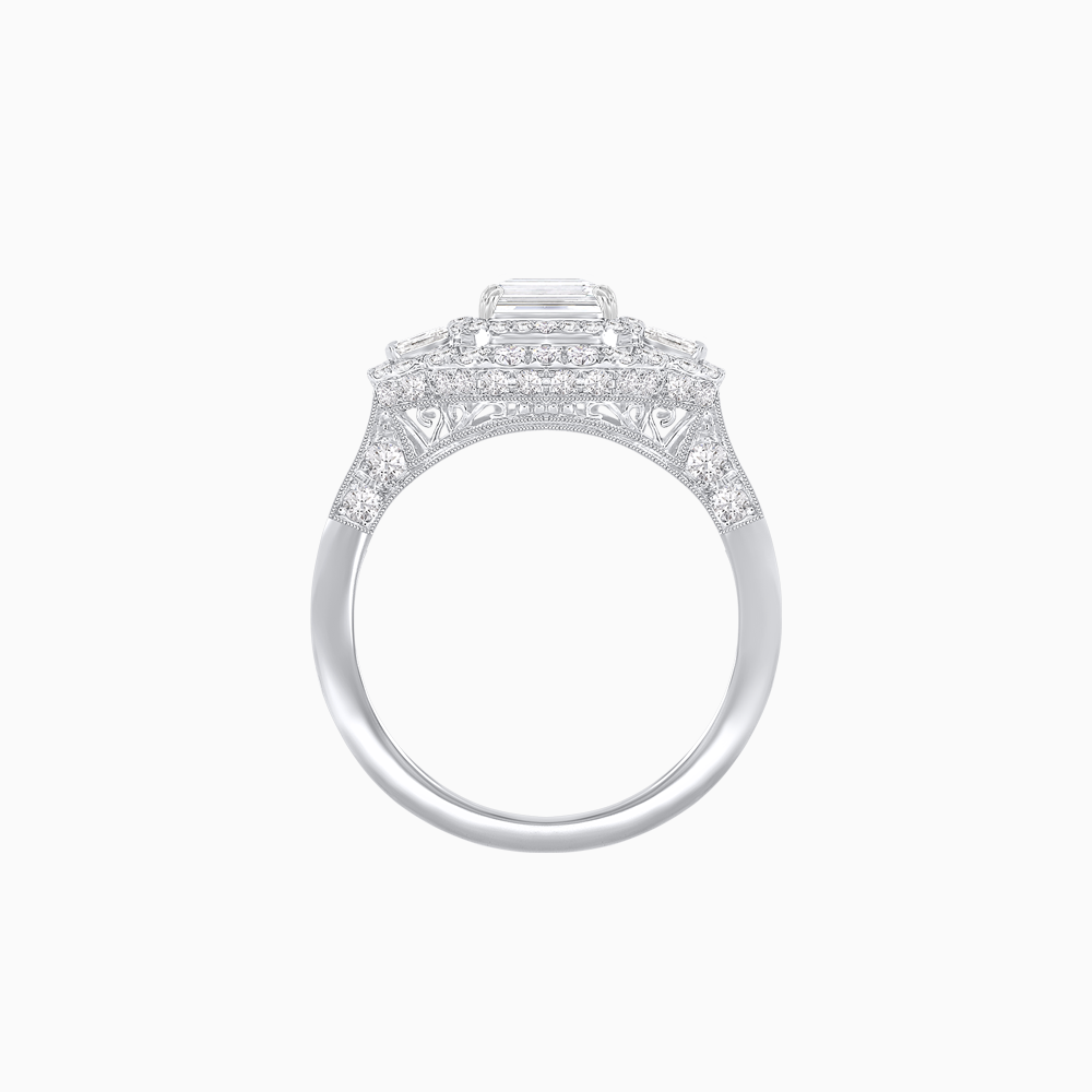 Art Deco Inspired Emerald Cut Halo Ring with Baguette Diamonds