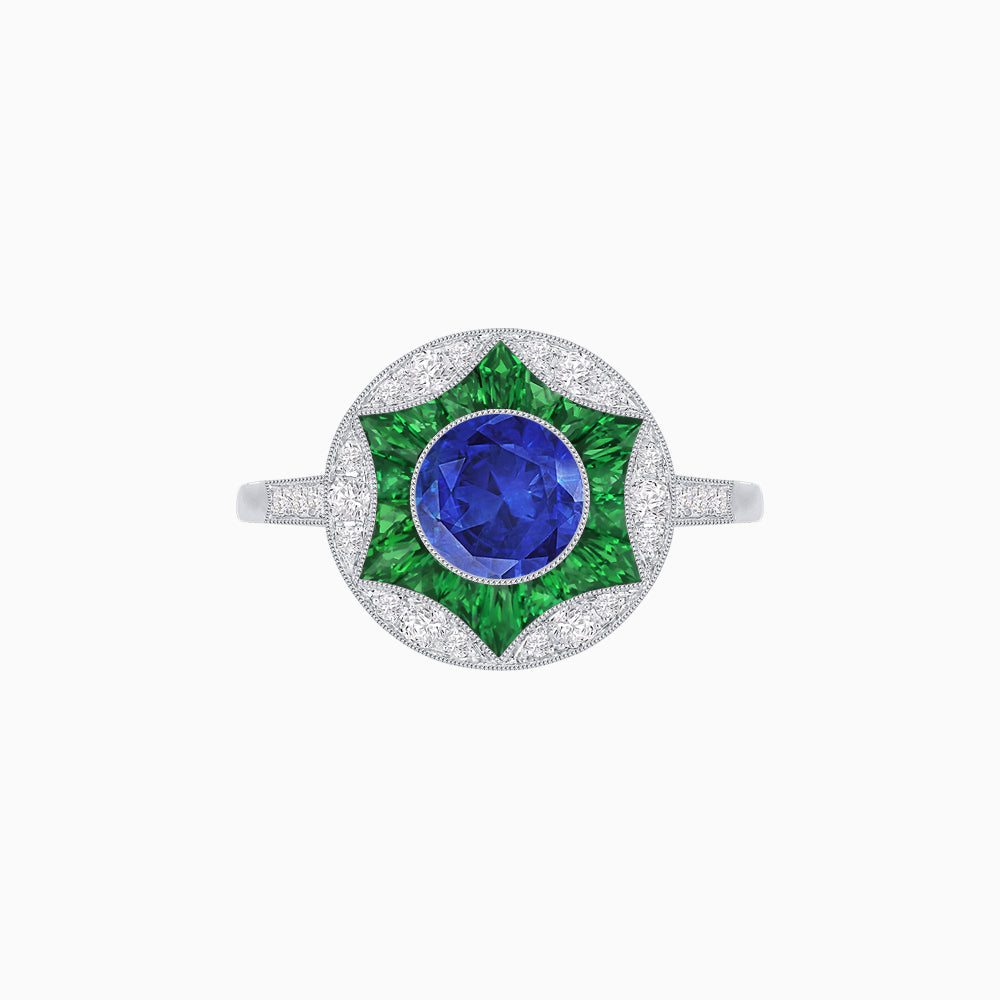 Art Deco Inspired Round Starburst with French-Cut Gemstone Ring