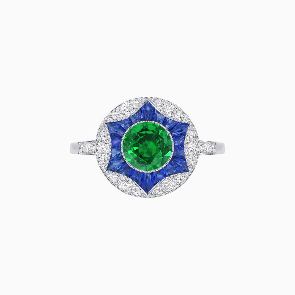 Art Deco Inspired Round Starburst with French-Cut Gemstone Ring