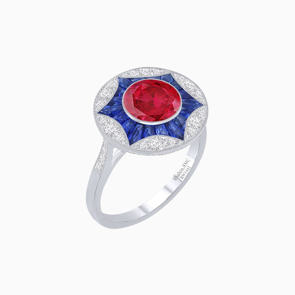 Art Deco Inspired Round Starburst with French-Cut Gemstone Ring