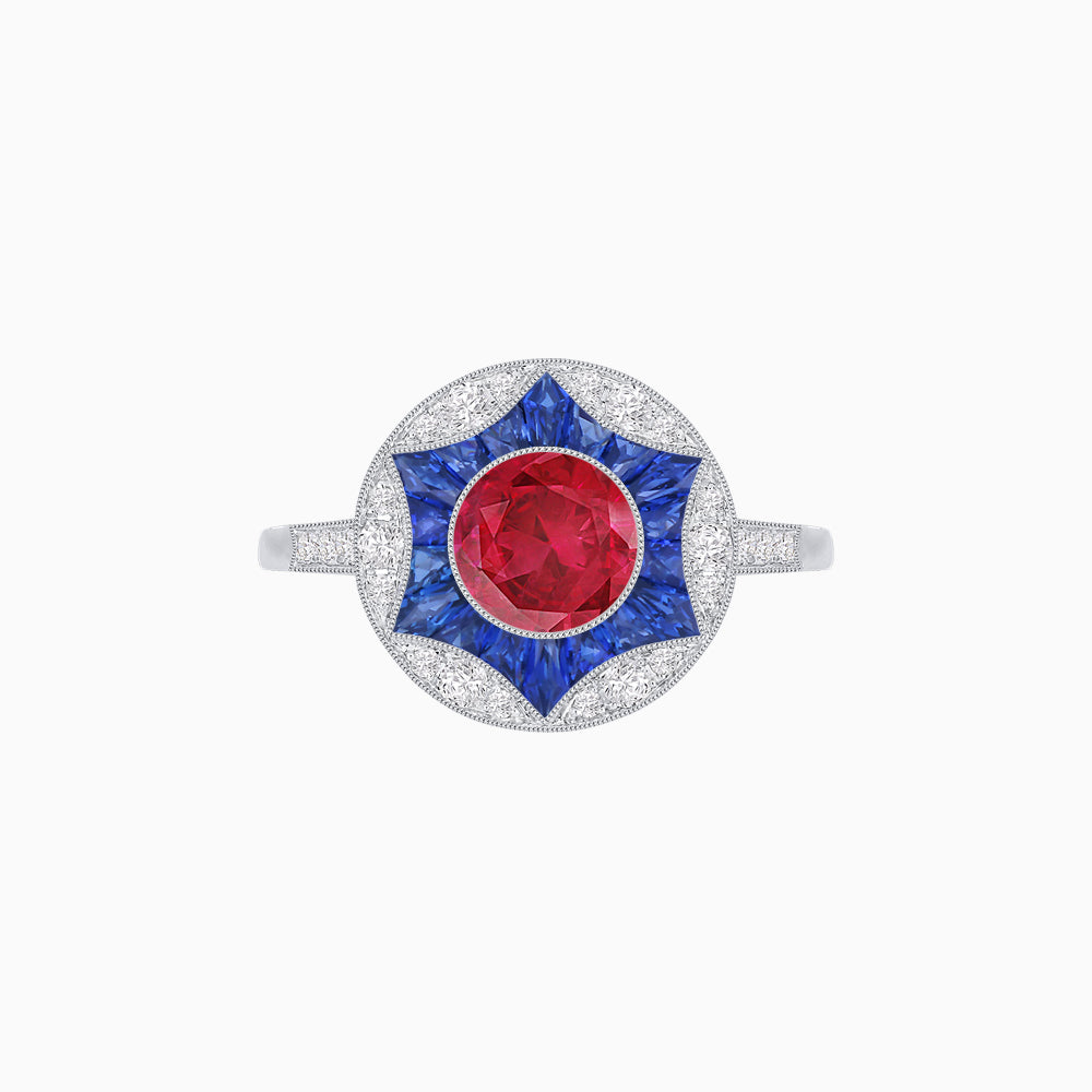 Art Deco Inspired Round Starburst with French-Cut Gemstone Ring