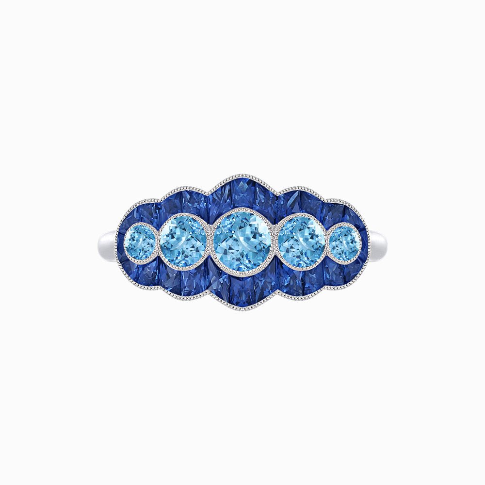 Antique - Inspired Five - Stone Diamond and Blue Sapphire Ring in 18K White Gold - Shahin Jewelry