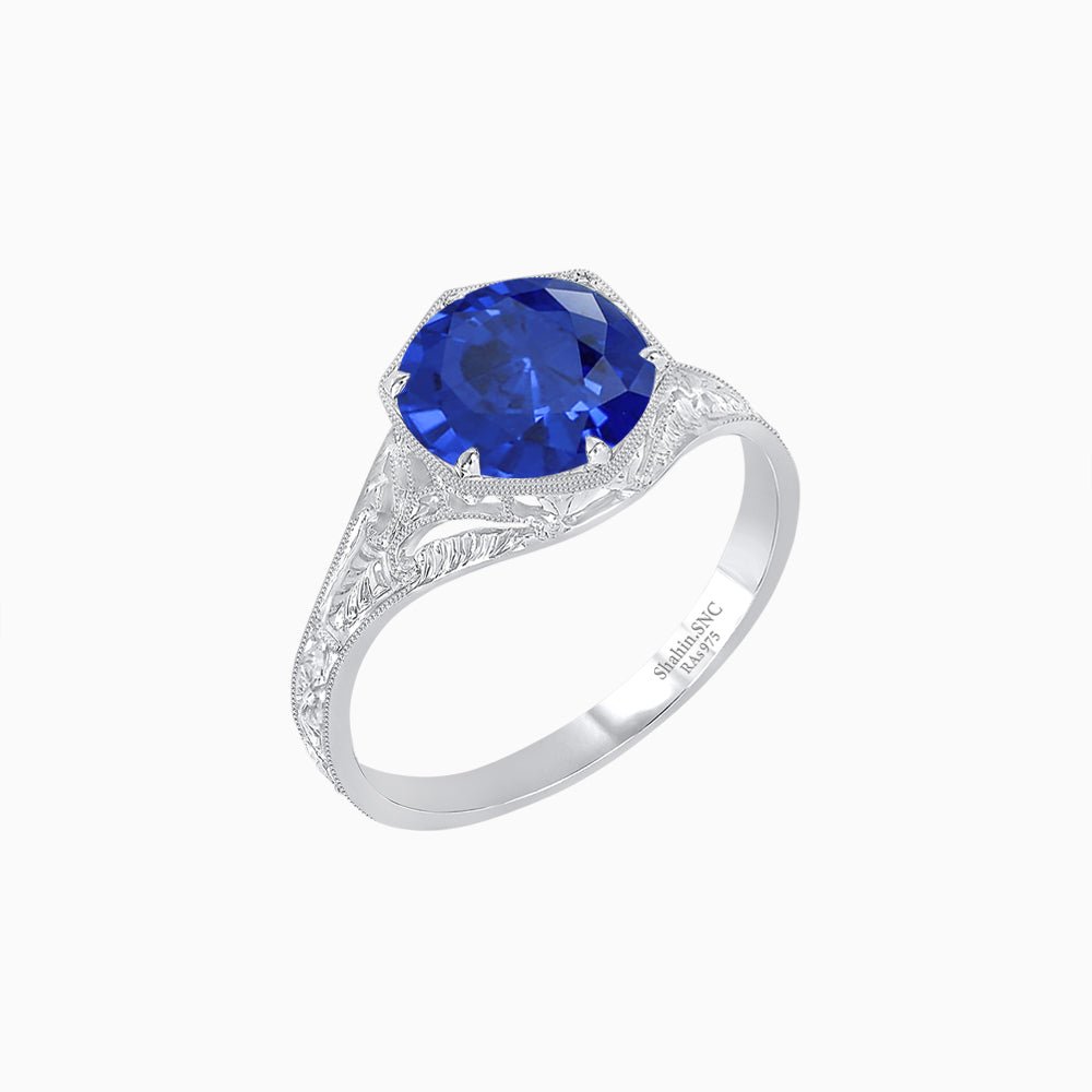 Antique Inspired Hexagonal Round Center Mounting Ring with Hand Engraving - Shahin Jewelry