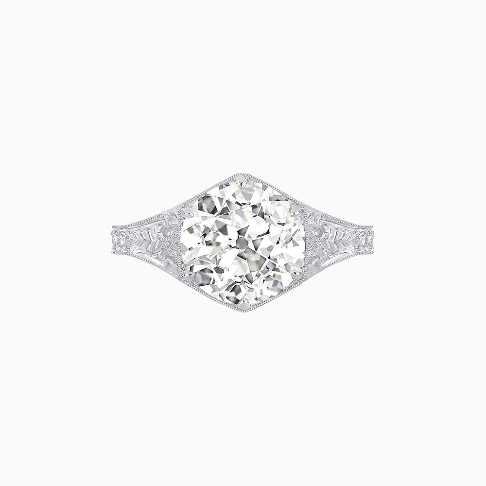 Antique Inspired Hexagonal Round Center Mounting Ring with Hand Engraving - Shahin Jewelry