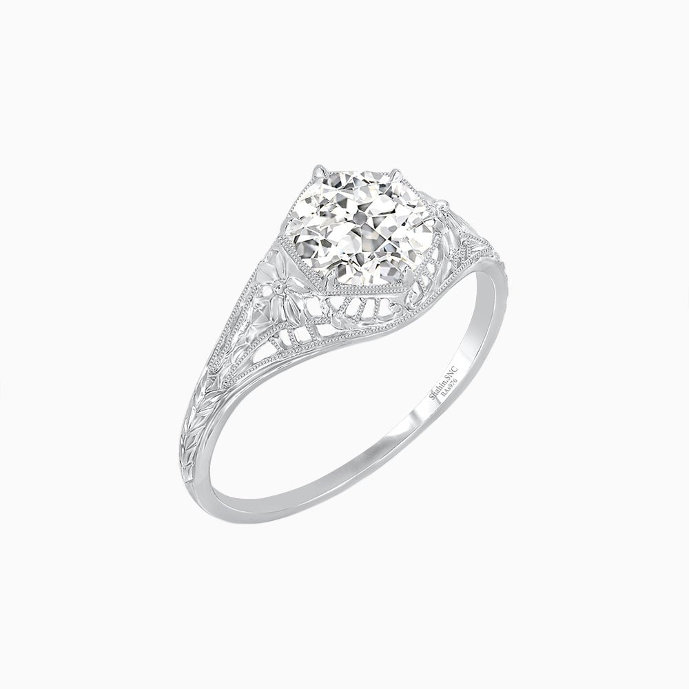 Antique Inspired Hexagonal Round Center Mounting Ring with Openwork - Shahin Jewelry