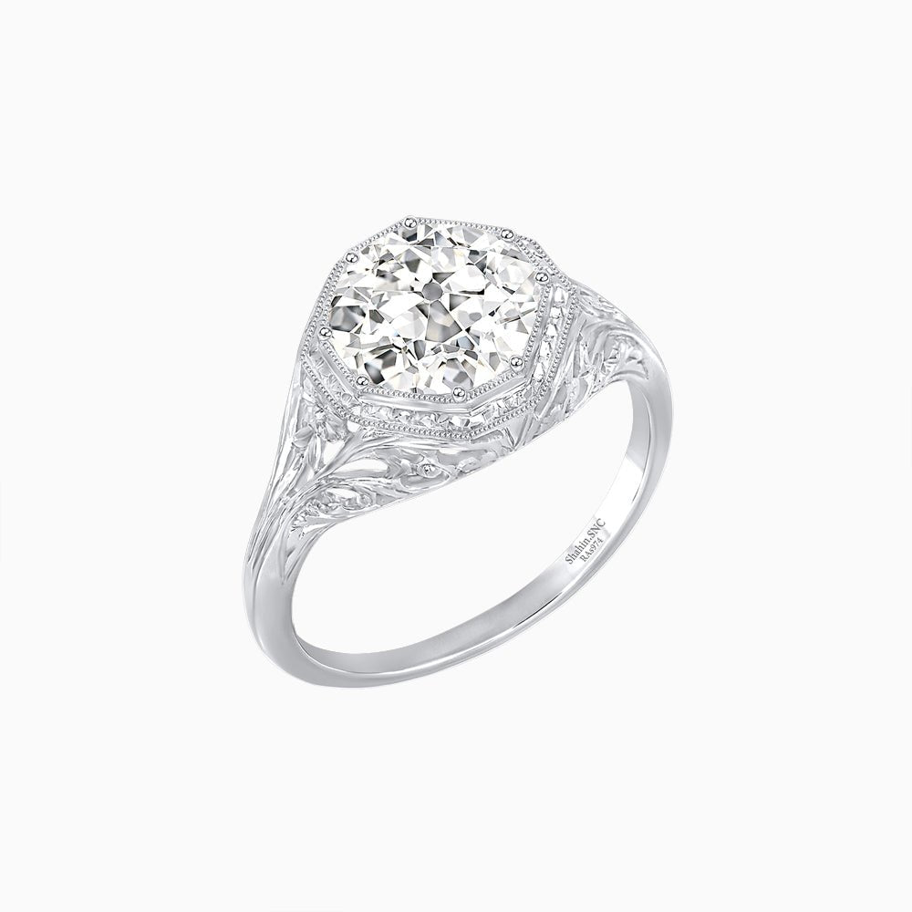 Antique Inspired Octagonal Round Center Mounting Ring with Hand Engraving - Shahin Jewelry