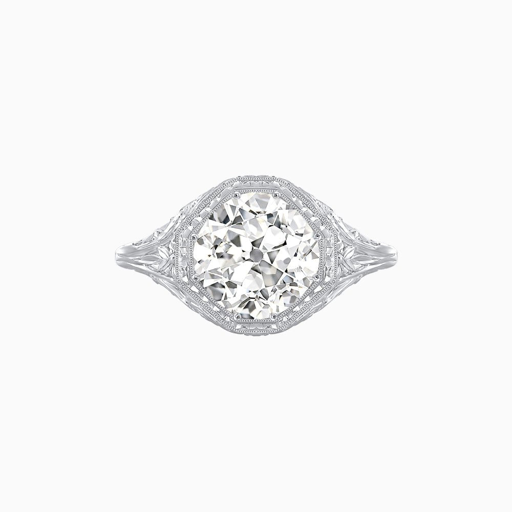 Antique Inspired Octagonal Round Center Mounting Ring with Hand Engraving - Shahin Jewelry