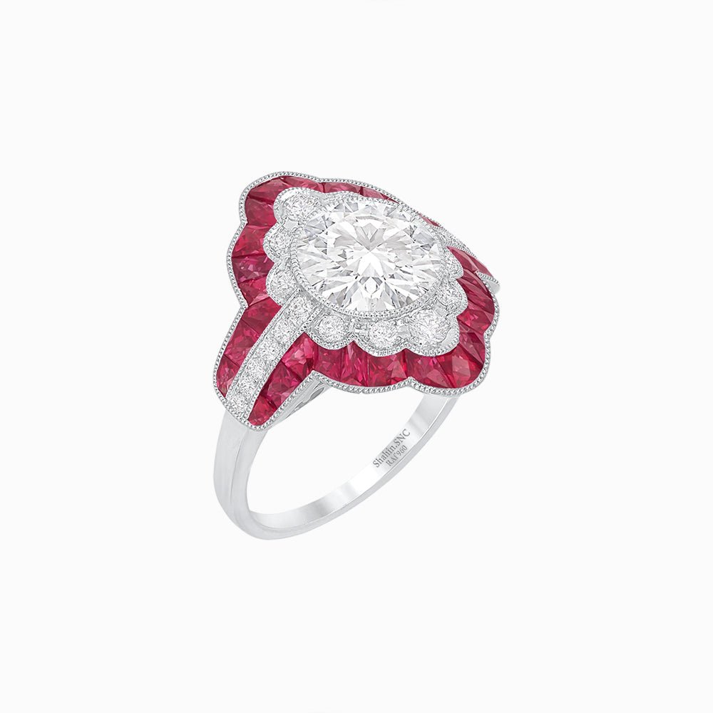 Antique Inspired Ring with Diamond and Gemstone - Shahin Jewelry