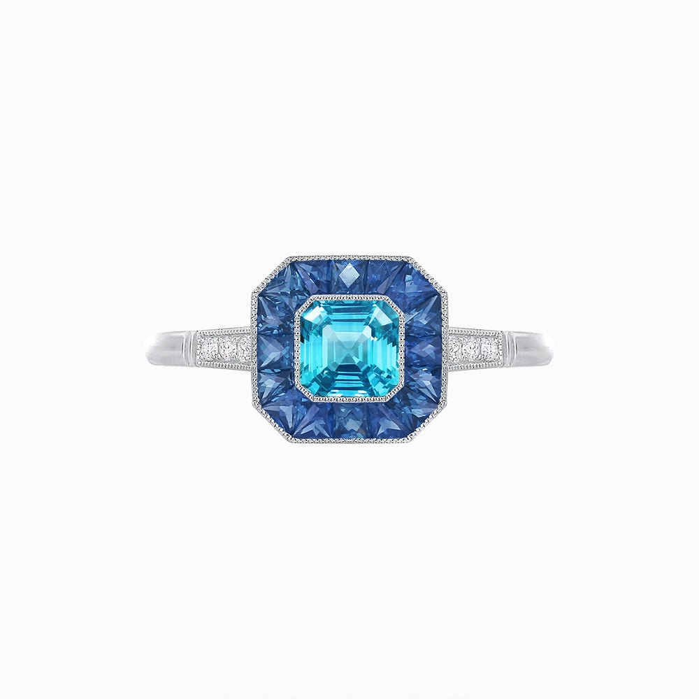 Art Deco Asscher Cut Aquamarine and Blue Sapphire Engagement Ring in Platinum - Shahin Jewelry