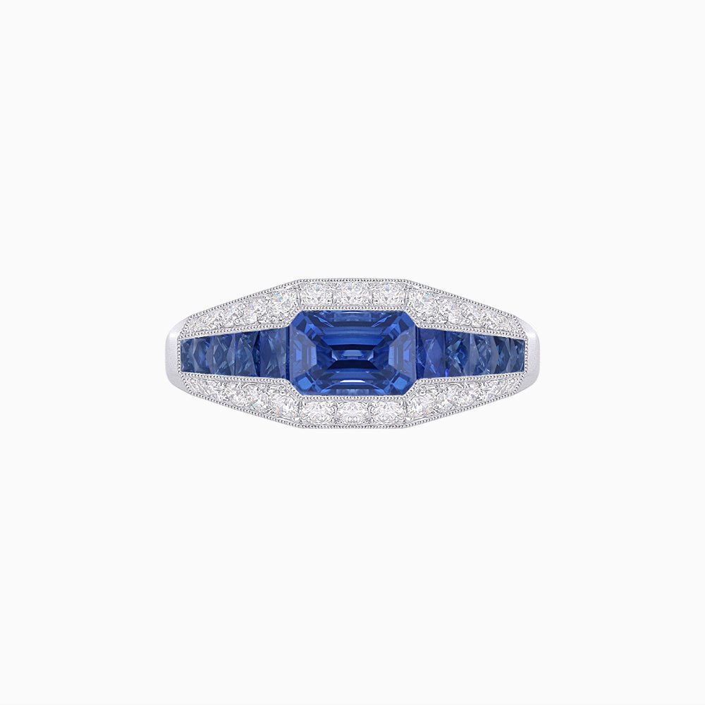 Art Deco Blue Sapphire Engagement Ring in 18K White Gold A Bold Declaration of Love, Steeped in Vintage Glamour - Shahin Jewelry