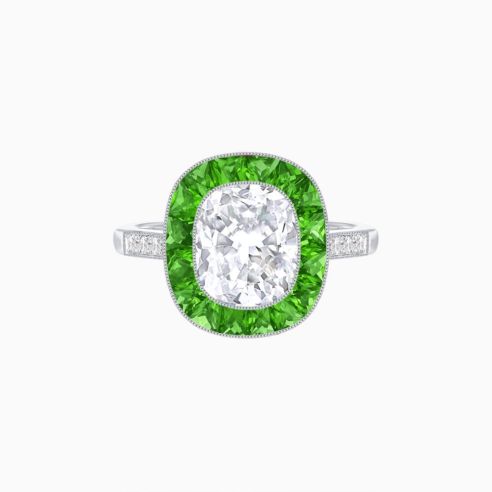 Art Deco Cushion Cut Ring with French-Cut Gemstone Halo and Diamond Accents - Shahin Jewelry
