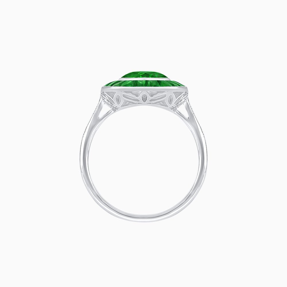 Art Deco Cushion Cut Ring with French-Cut Gemstone Halo and Diamond Accents - Shahin Jewelry