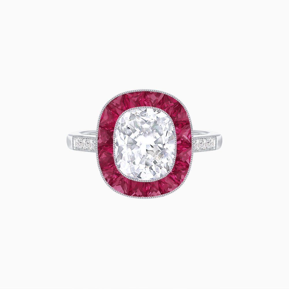 Art Deco Cushion Cut Ring with French-Cut Gemstone Halo and Diamond Accents - Shahin Jewelry