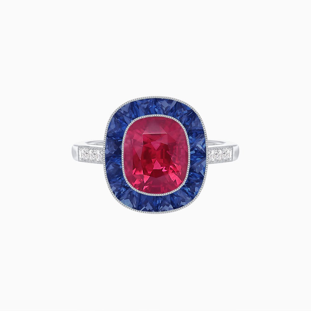 Art Deco Cushion Cut Ring with French-Cut Gemstone Halo and Diamond Accents - Shahin Jewelry