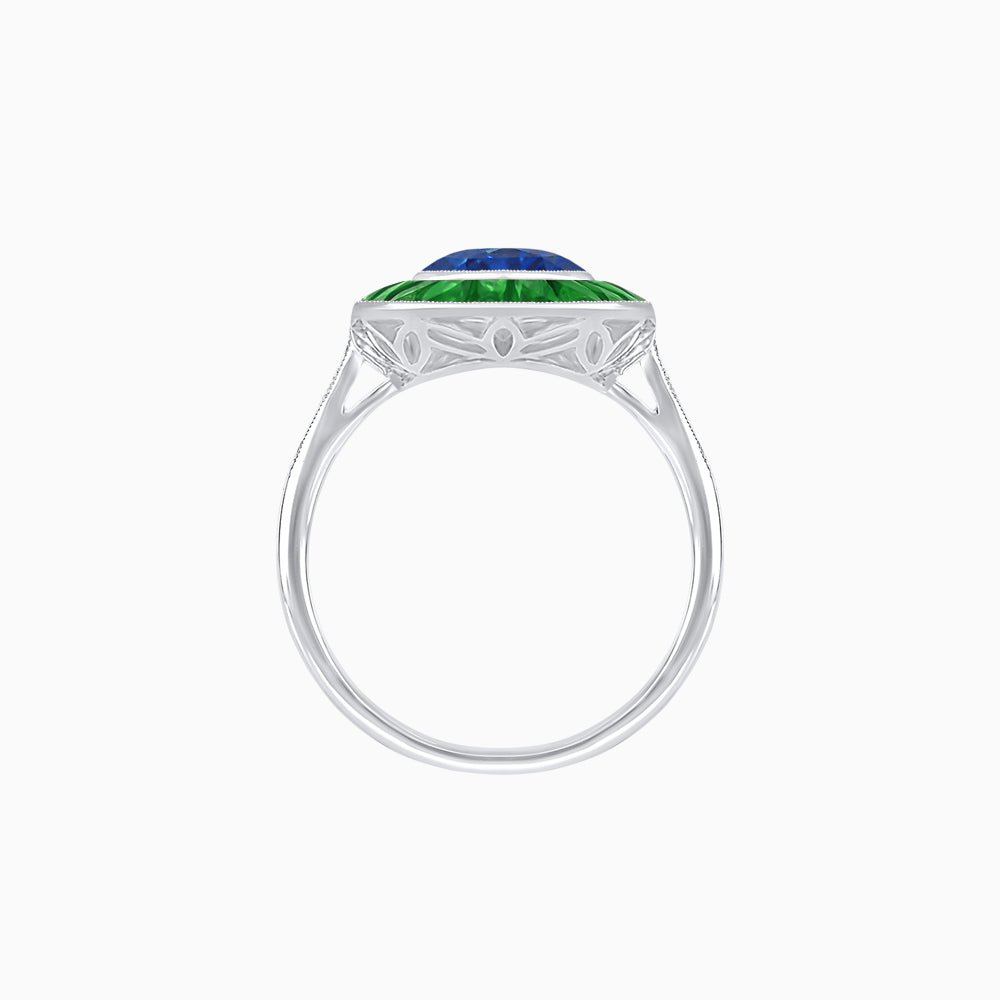 Art Deco Cushion Cut Ring with French-Cut Gemstone Halo and Diamond Accents - Shahin Jewelry