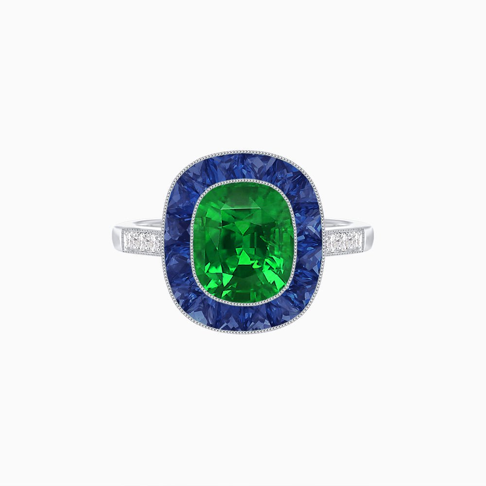 Art Deco Cushion Cut Ring with French-Cut Gemstone Halo and Diamond Accents - Shahin Jewelry