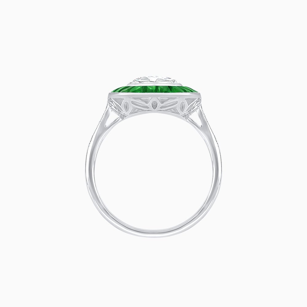 Art Deco Cushion Cut Ring with French-Cut Gemstone Halo and Diamond Accents - Shahin Jewelry
