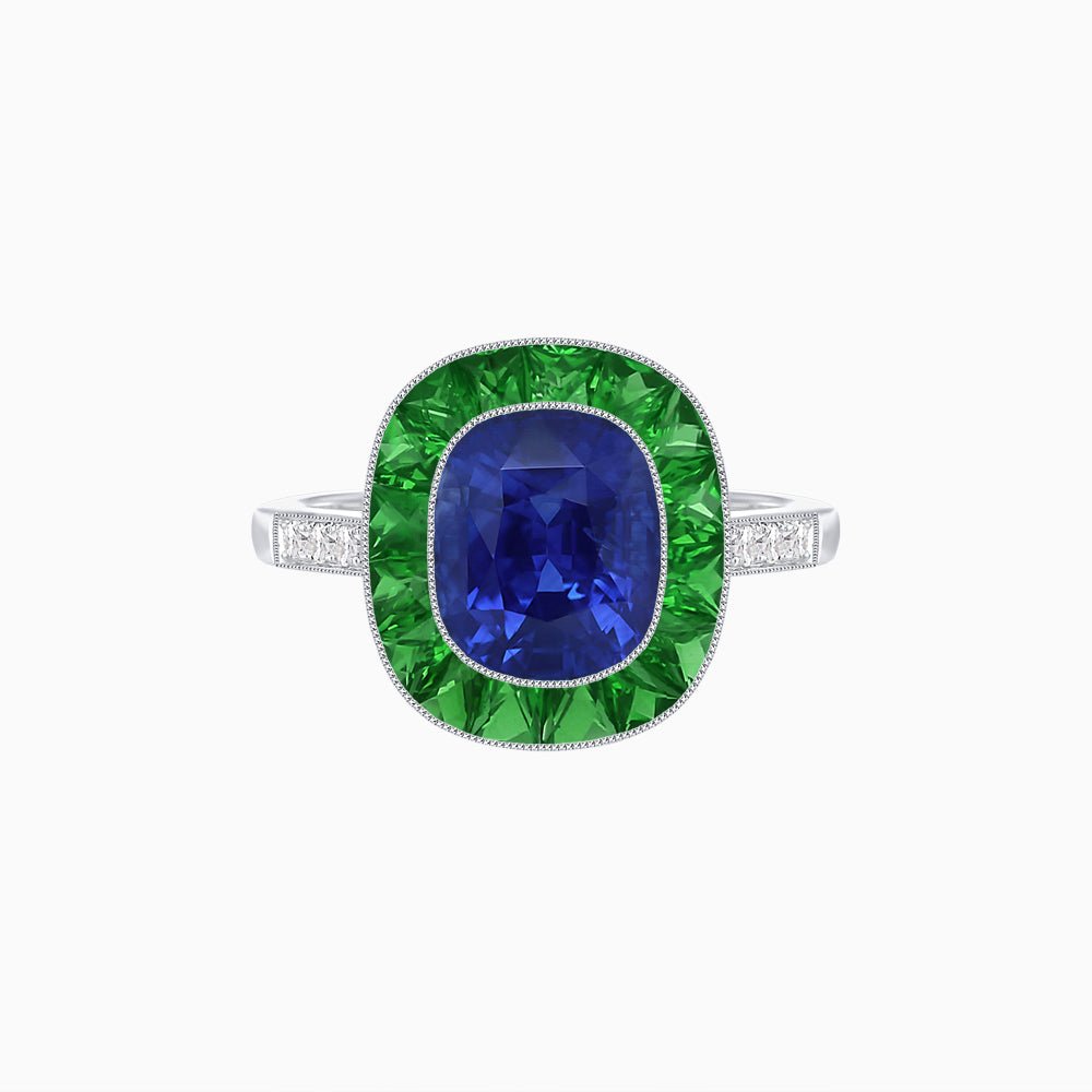 Art Deco Cushion Cut Ring with French-Cut Gemstone Halo and Diamond Accents - Shahin Jewelry