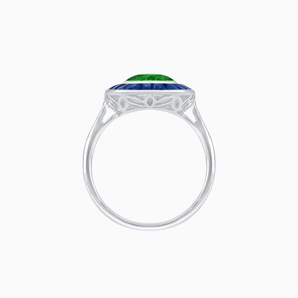 Art Deco Cushion Cut Ring with French-Cut Gemstone Halo and Diamond Accents - Shahin Jewelry