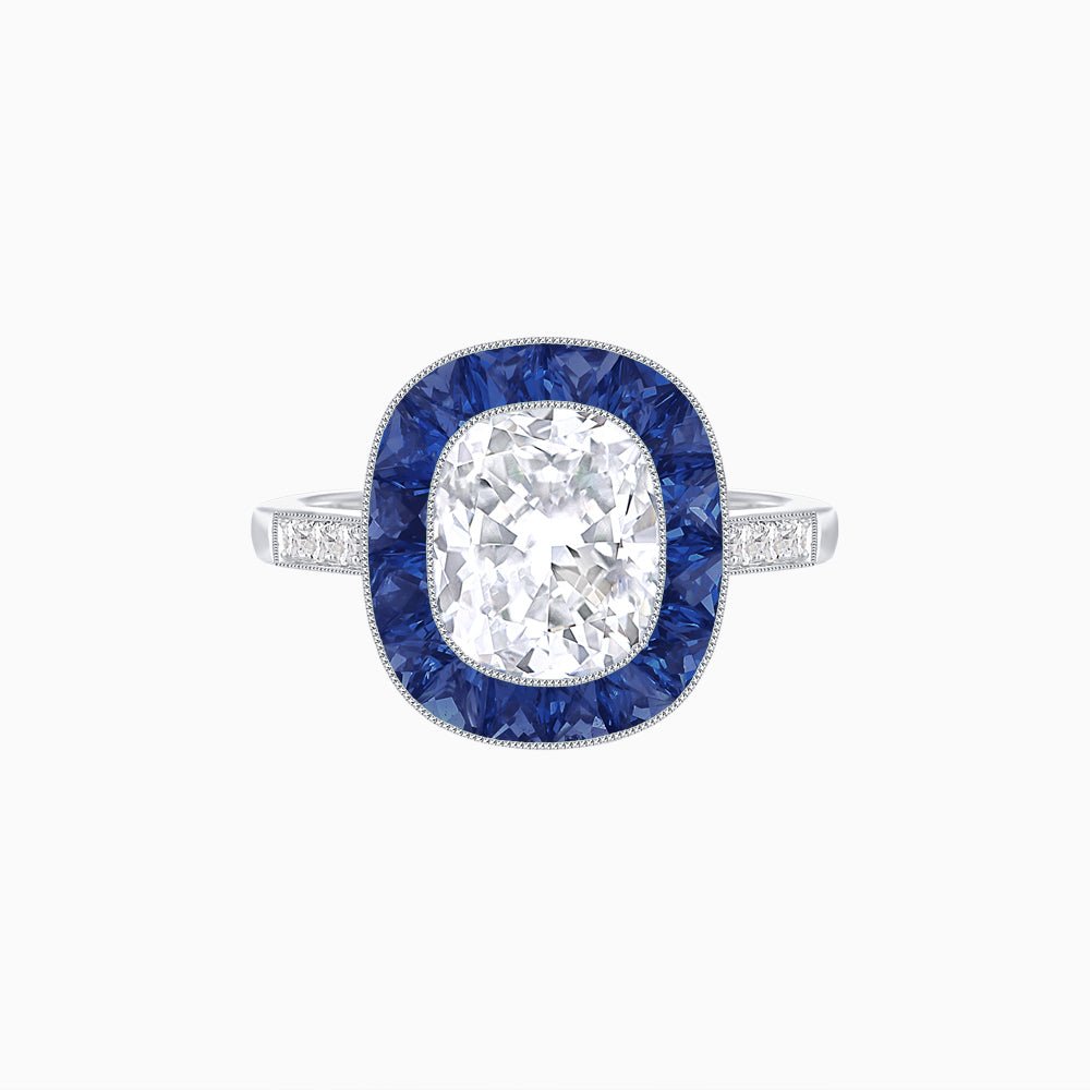 Art Deco Cushion Cut Ring with French-Cut Gemstone Halo and Diamond Accents - Shahin Jewelry