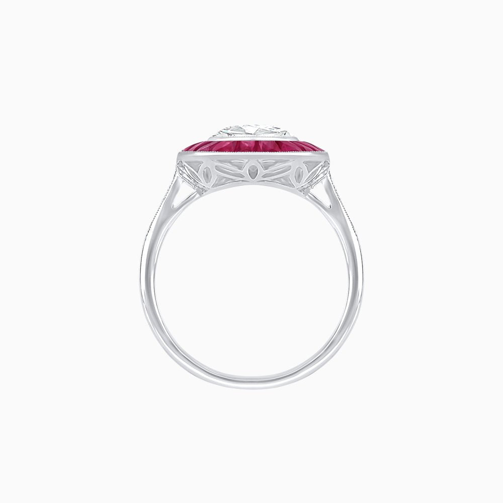 Art Deco Cushion Cut Ring with French-Cut Gemstone Halo and Diamond Accents - Shahin Jewelry
