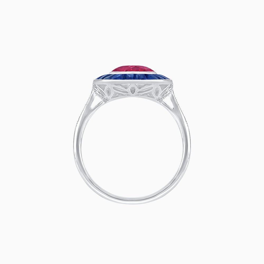 Art Deco Cushion Cut Ring with French-Cut Gemstone Halo and Diamond Accents - Shahin Jewelry