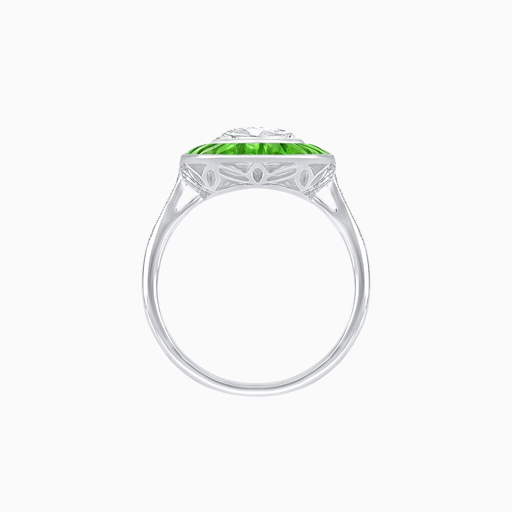 Art Deco Cushion Cut Ring with French-Cut Gemstone Halo and Diamond Accents - Shahin Jewelry