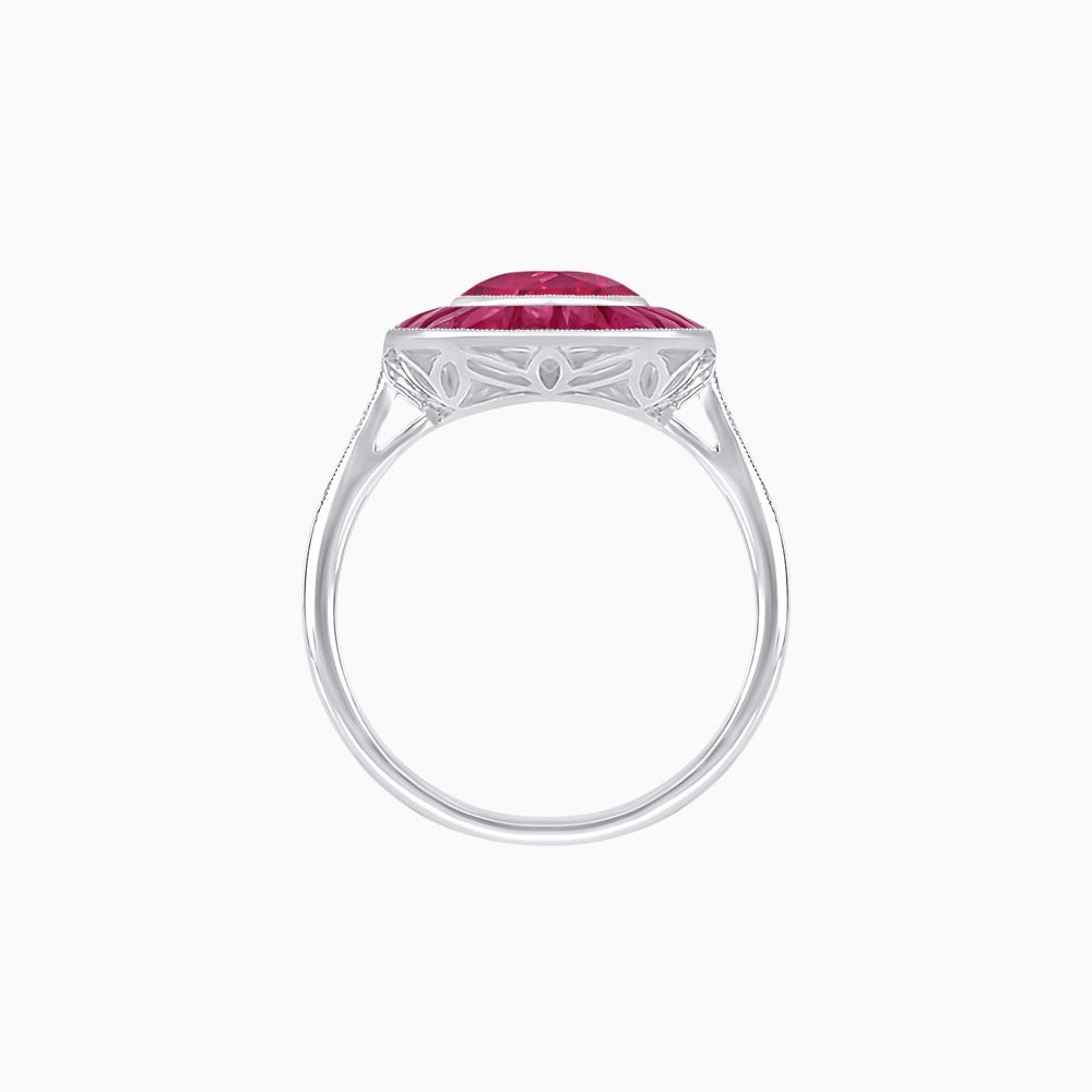 Art Deco Cushion Cut Ring with French-Cut Gemstone Halo and Diamond Accents - Shahin Jewelry