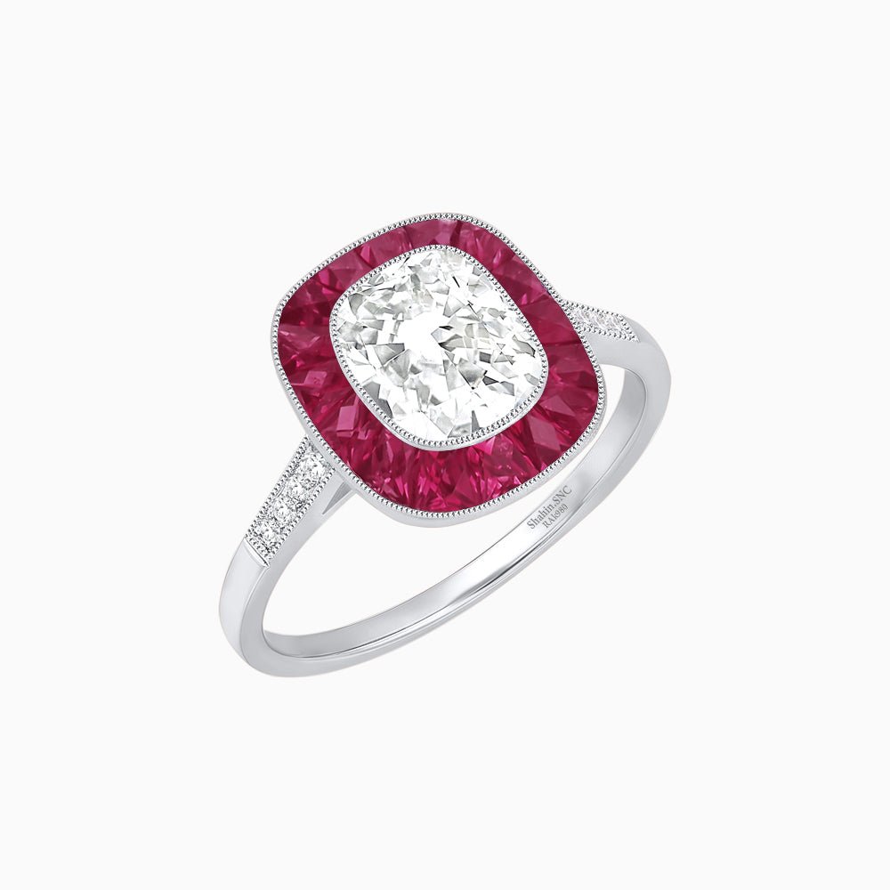 Art Deco Cushion Cut Ring with French-Cut Gemstone Halo and Diamond Accents - Shahin Jewelry