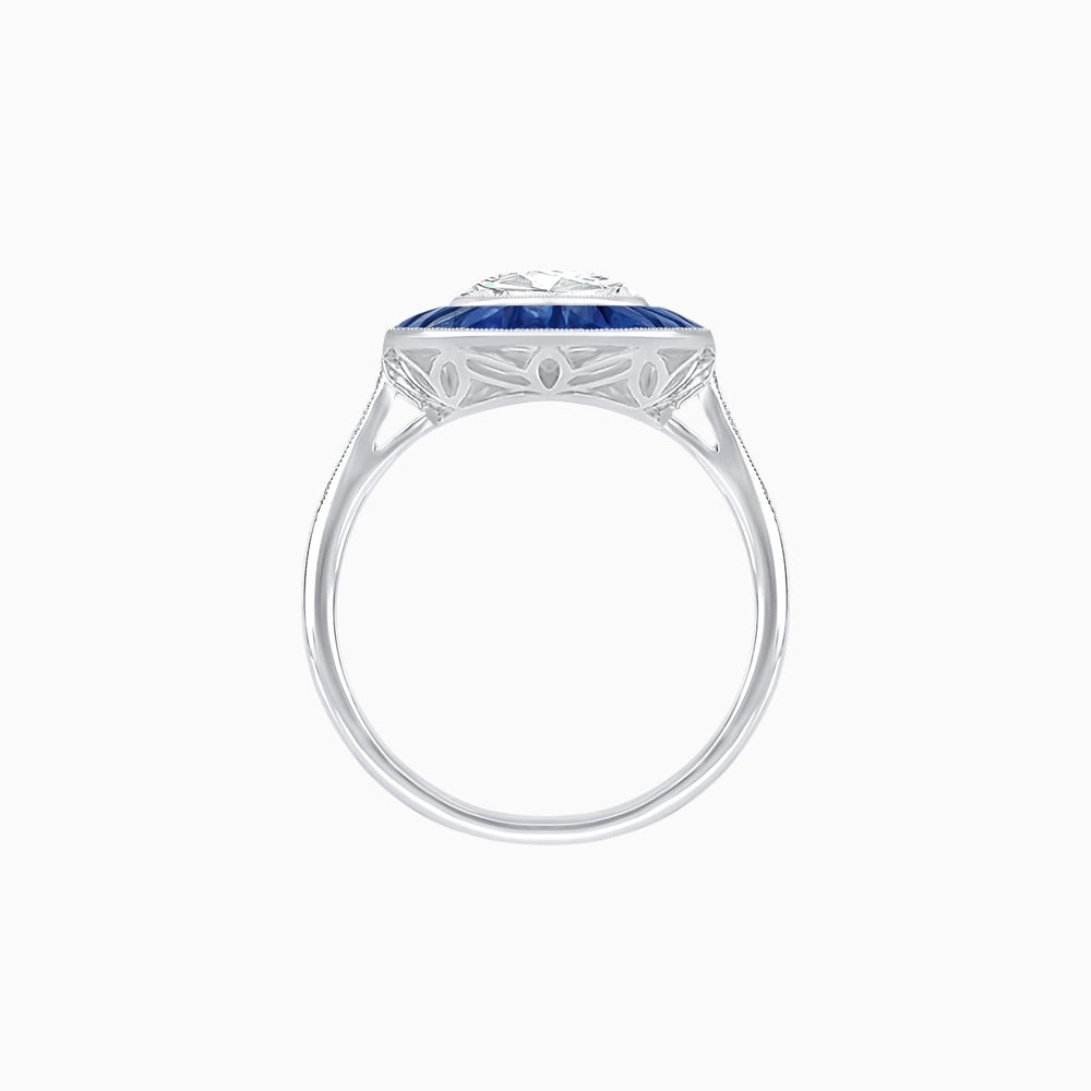 Art Deco Cushion Cut Ring with French-Cut Gemstone Halo and Diamond Accents - Shahin Jewelry