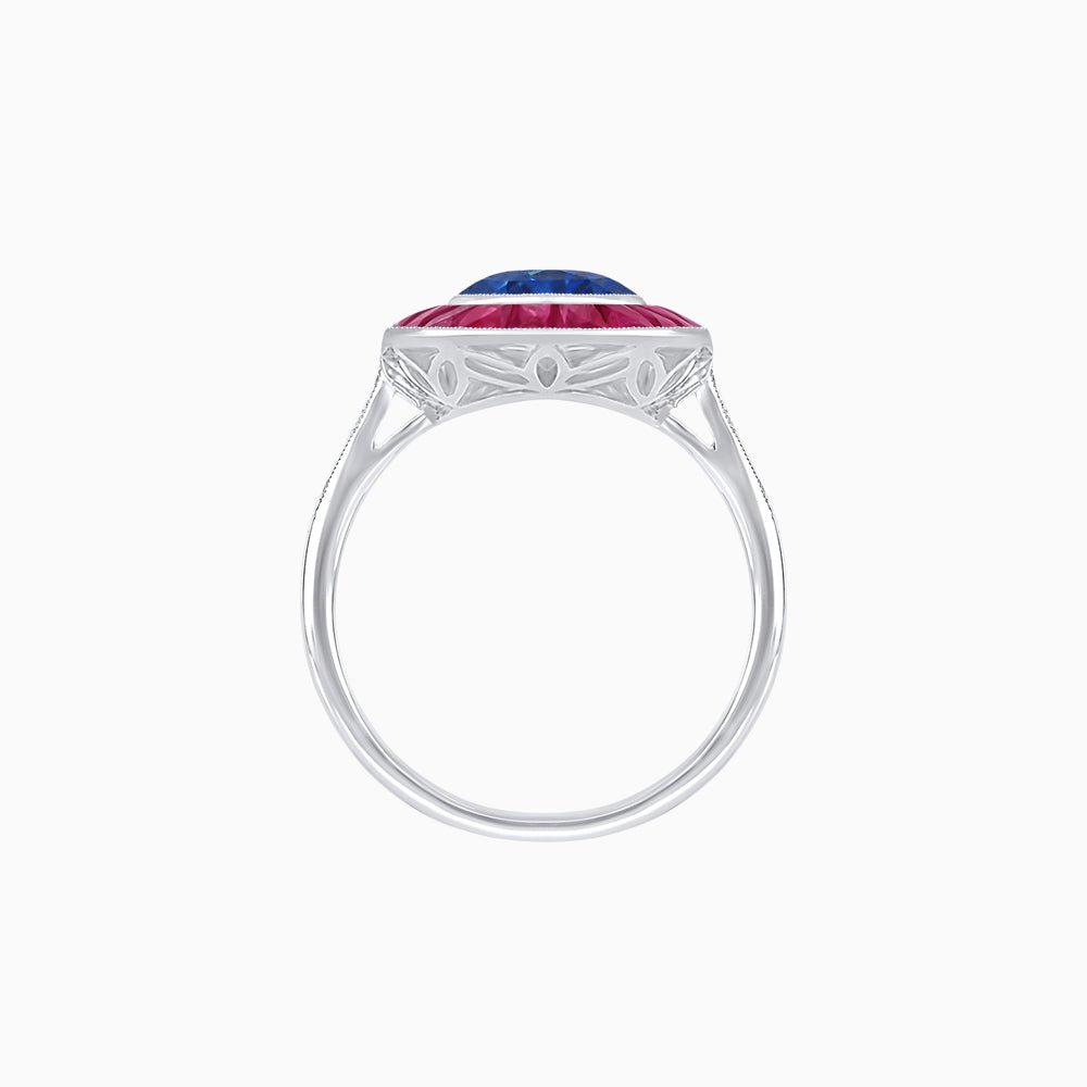 Art Deco Cushion Cut Ring with French-Cut Gemstone Halo and Diamond Accents - Shahin Jewelry