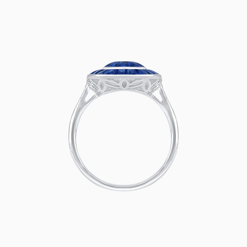 Art Deco Cushion Cut Ring with French-Cut Gemstone Halo and Diamond Accents - Shahin Jewelry