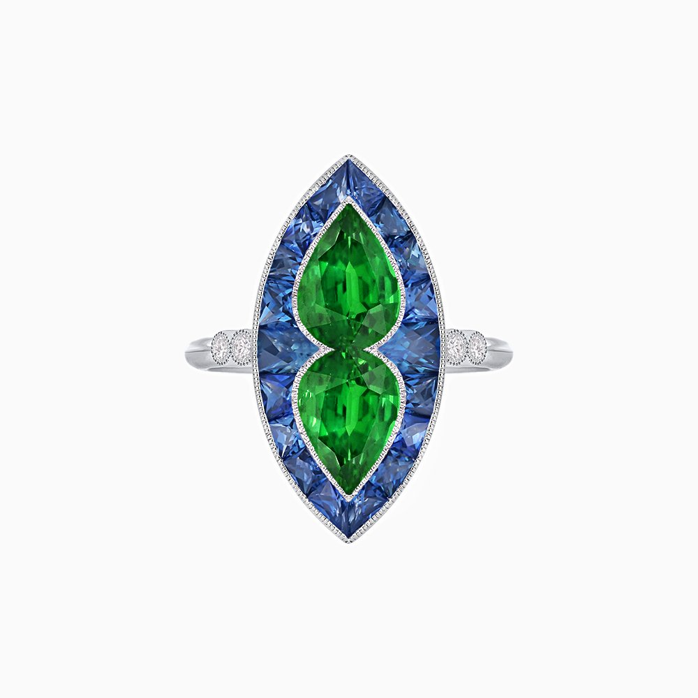 Art Deco Diamond Marquise Shape Toi et Moi Style Vintage Engagement Ring with Blue Sapphire and Emerald - Shahin Jewelry